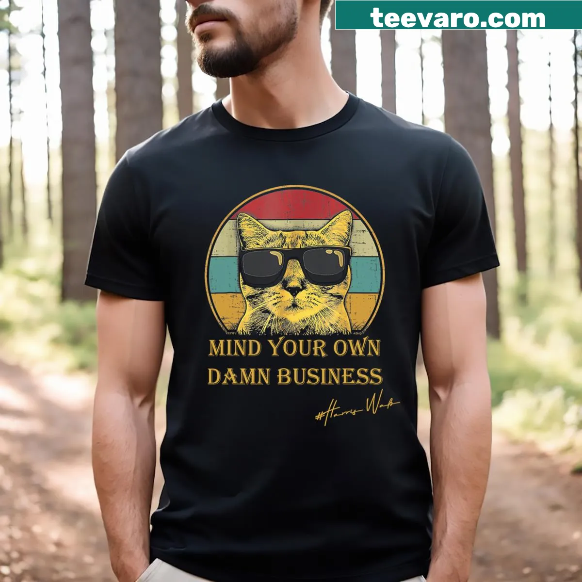 Funny 'Mind Your Own Damn Business' cat lady T-shirt — on a men's t-shirt