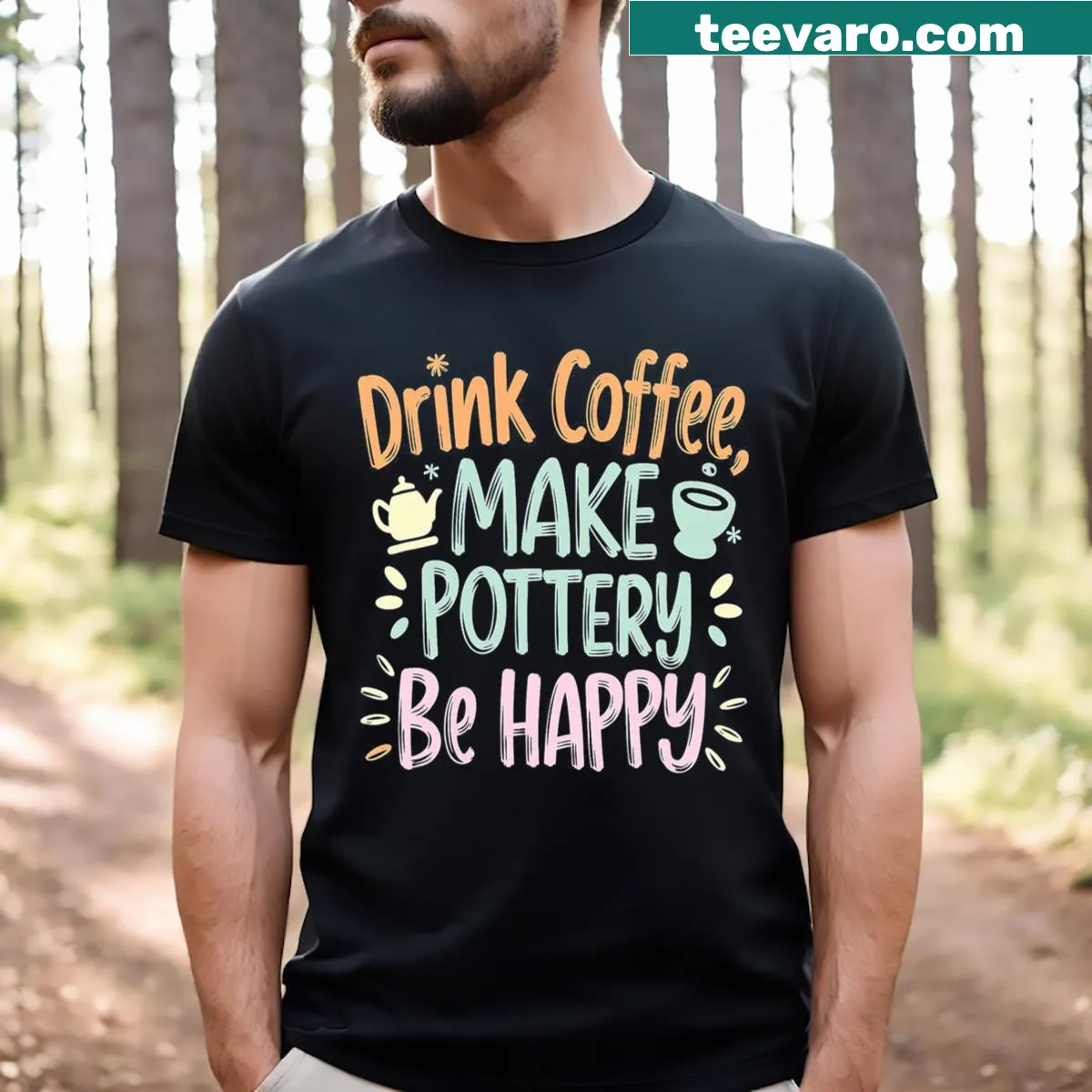 Funny vintage pottery and coffee graphic on distressed T-shirt — on a men's t-shirt