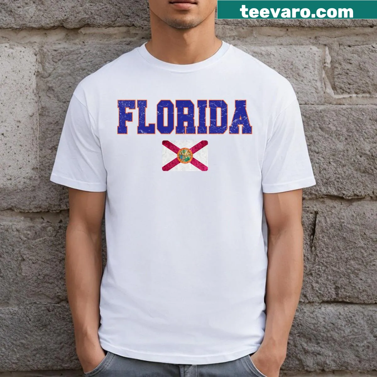 Retro Florida flag graphic T-shirt — on a men's t-shirt