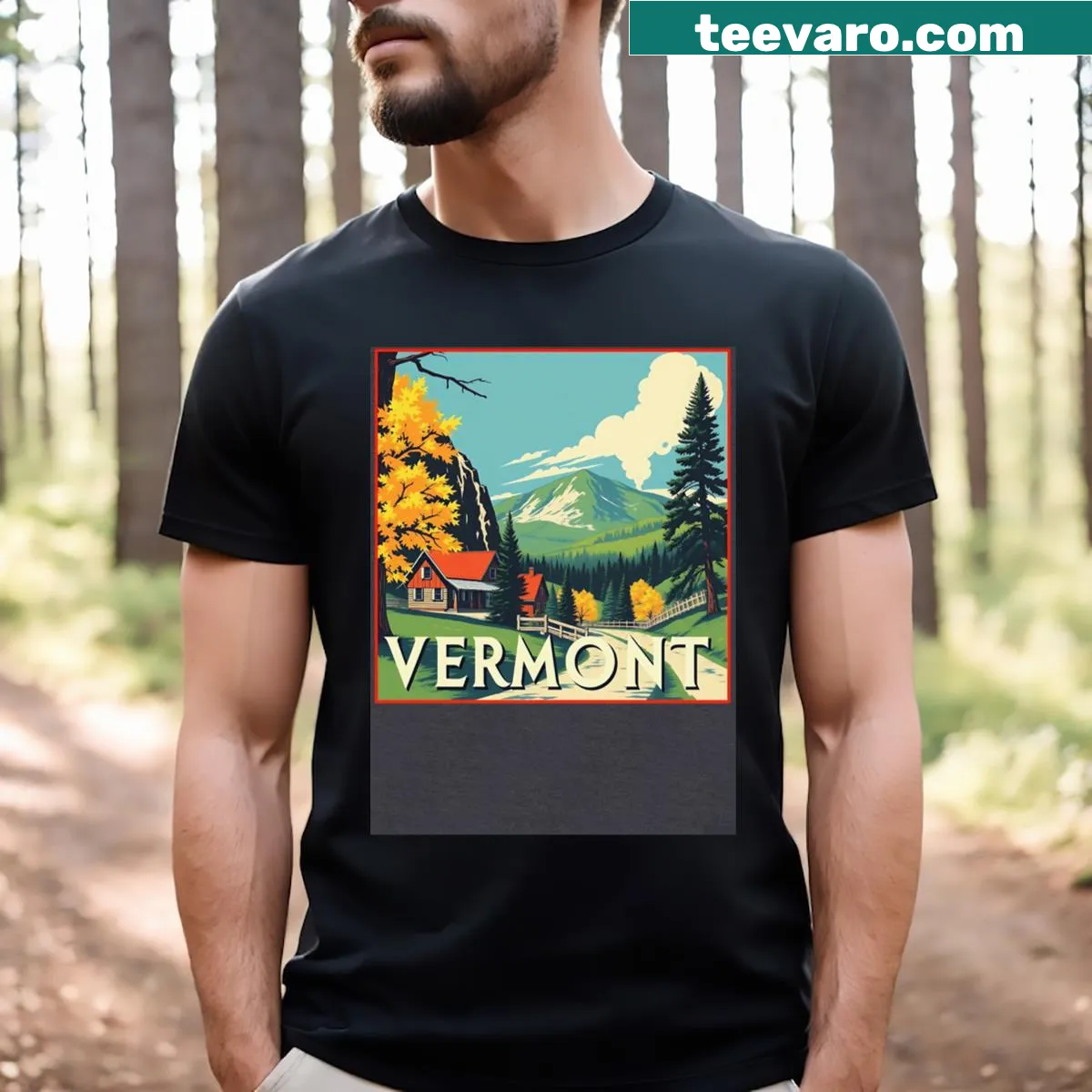 Illustration of a Vermont cabin surrounded by autumn foliage — on a men's t-shirt