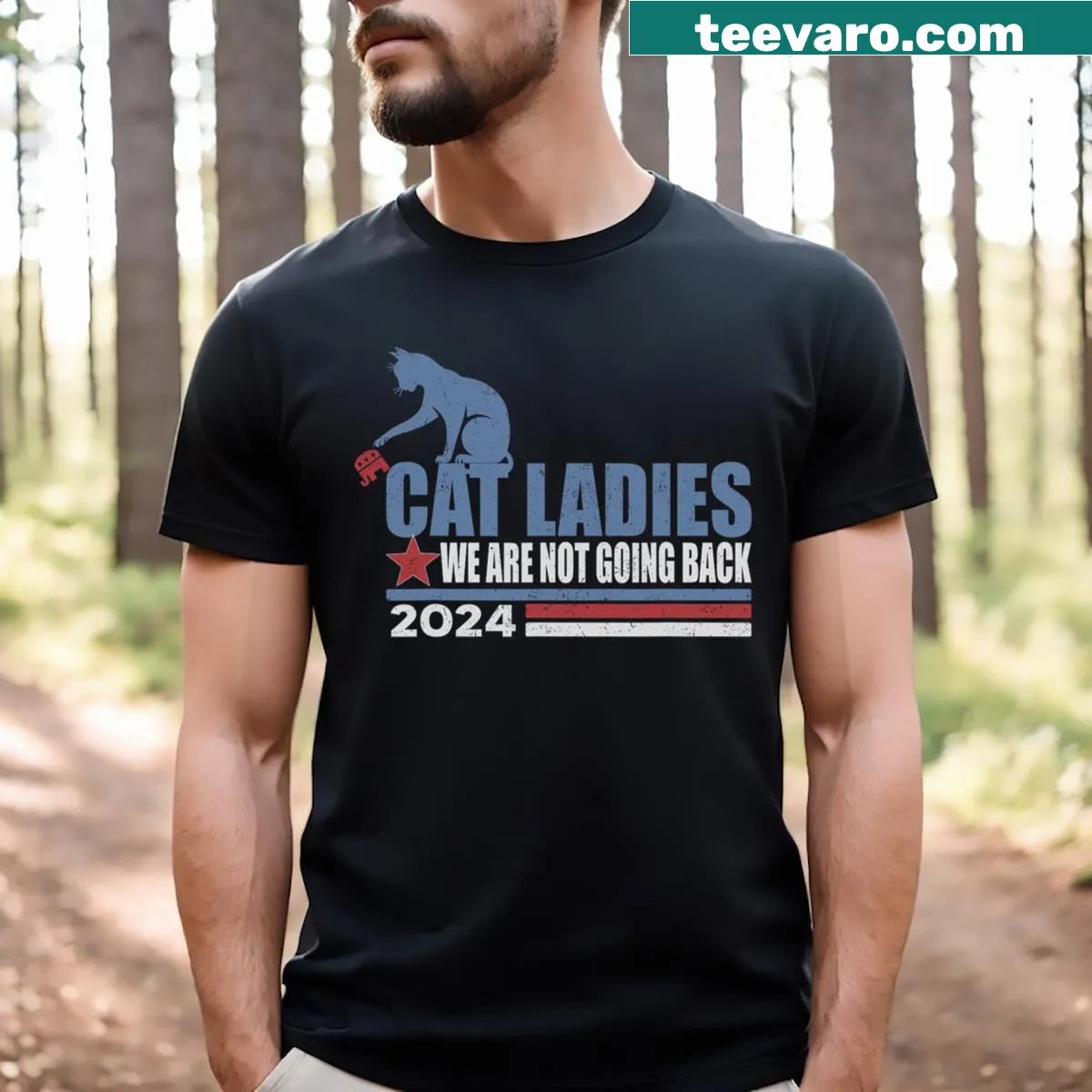 Humorous t-shirt for cat lovers featuring 'We Are Not Going Back' text — on a men's t-shirt
