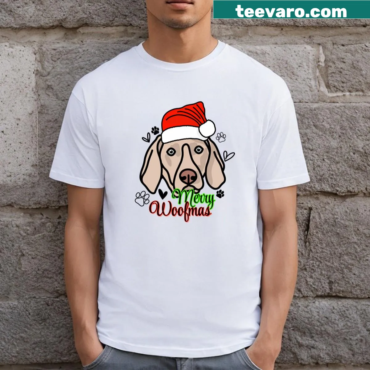 Festive Woofmas t-shirt featuring a Weimaraner dog in a Christmas hat — on a men's t-shirt