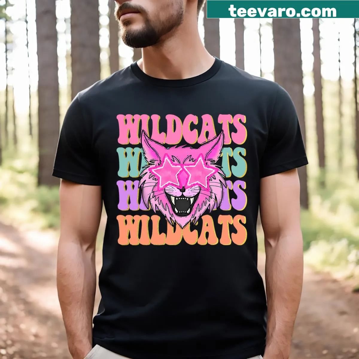 Sport moms t-shirt featuring Wildcats school mascot illustration — on a men's t-shirt