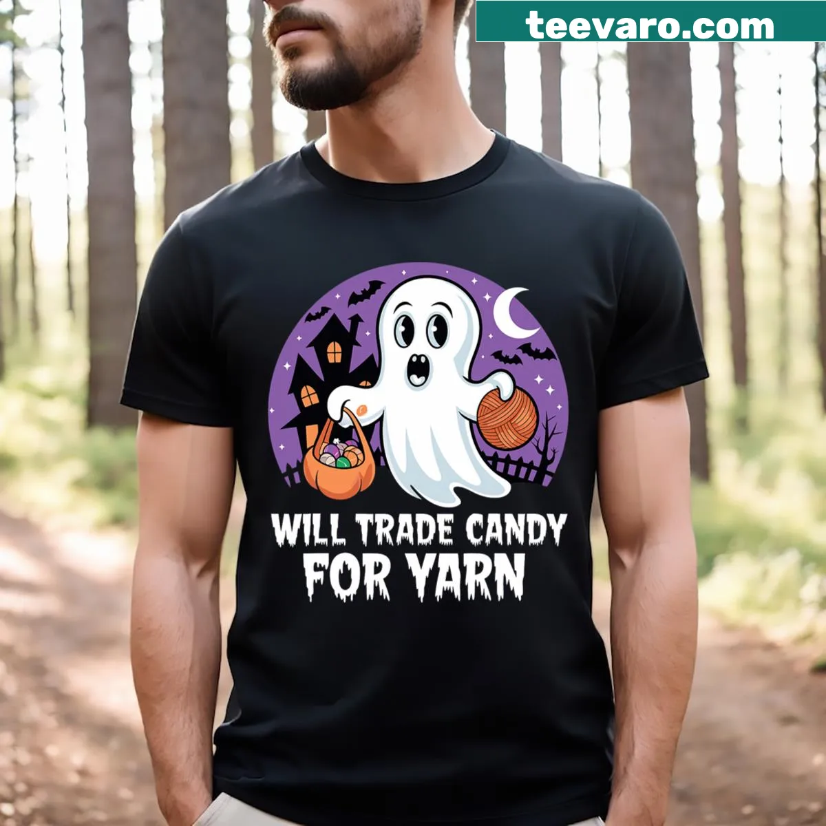 Funny Halloween shirt with text 'Will Trade Candy For Yarn' — on a men's t-shirt