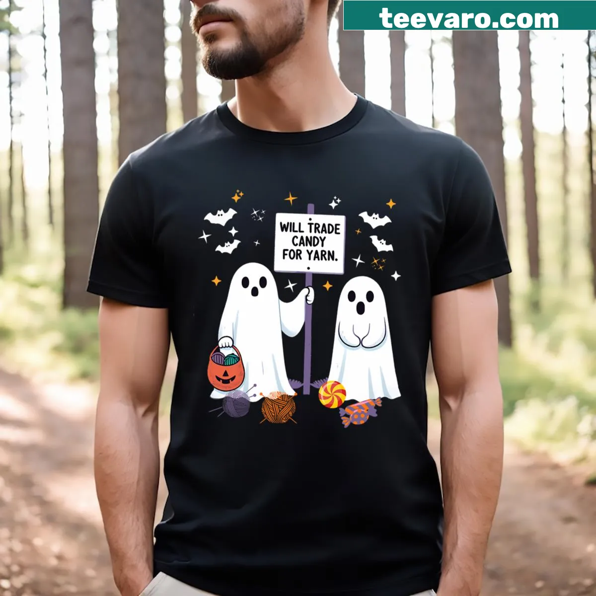 Funny Halloween shirt featuring 'Will Trade Candy For Yarn' text — on a men's t-shirt