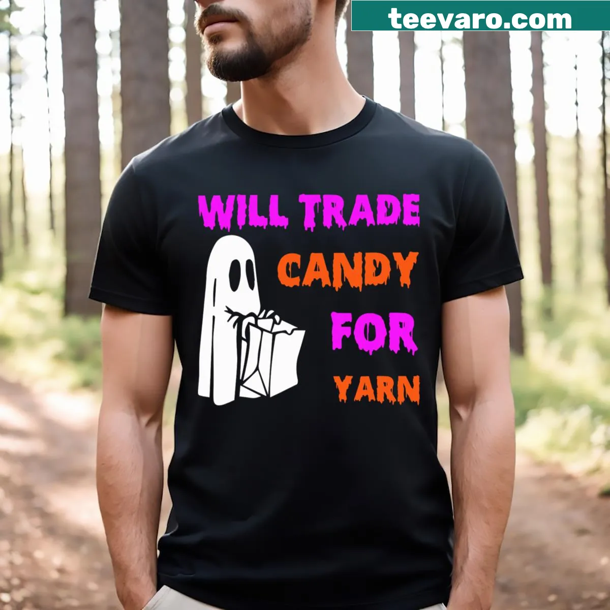 Funny Halloween design with text 'Will Trade Candy For Yarn' — on a men's t-shirt