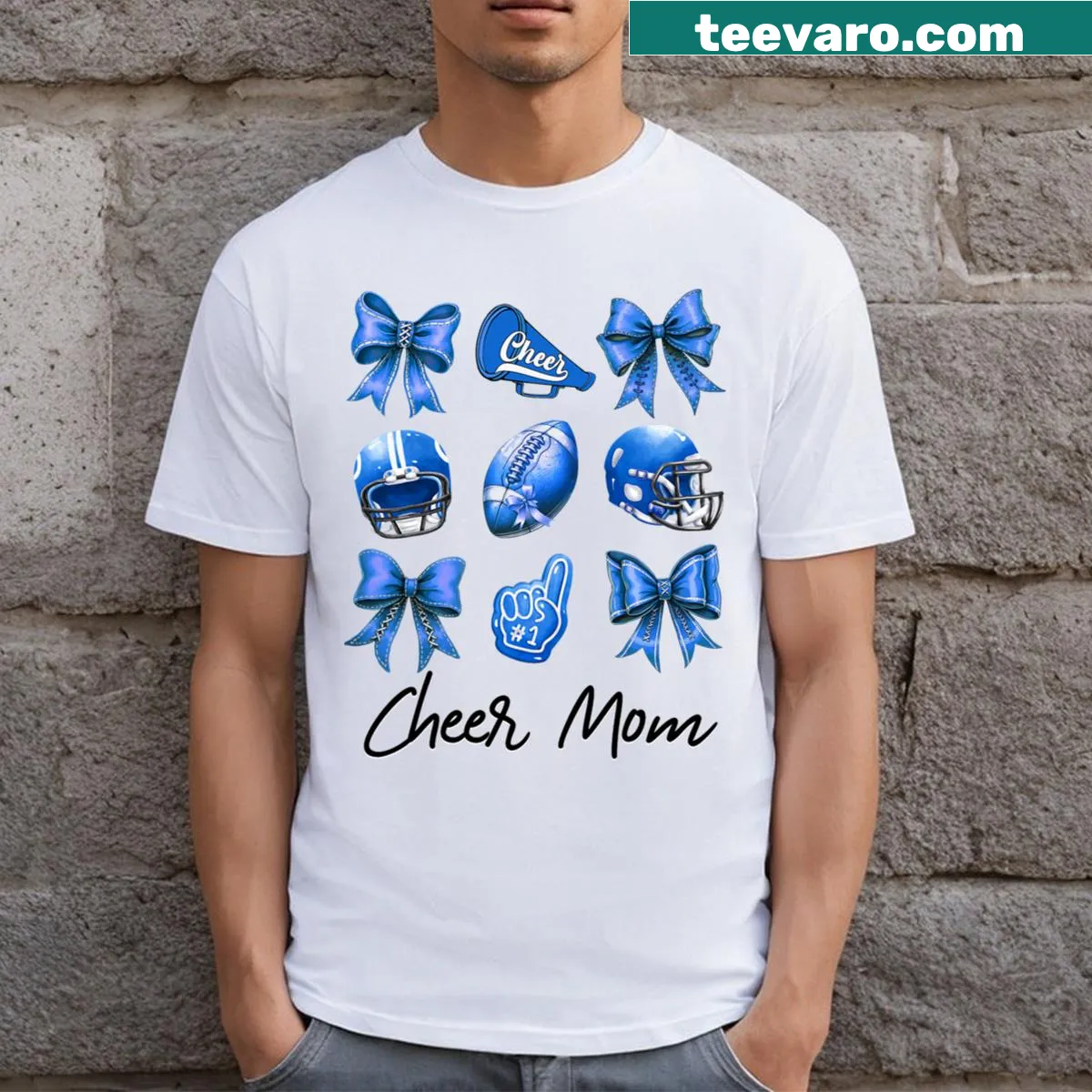 Retro Cheer Mom T-shirt with playful bow graphic — on a men's t-shirt