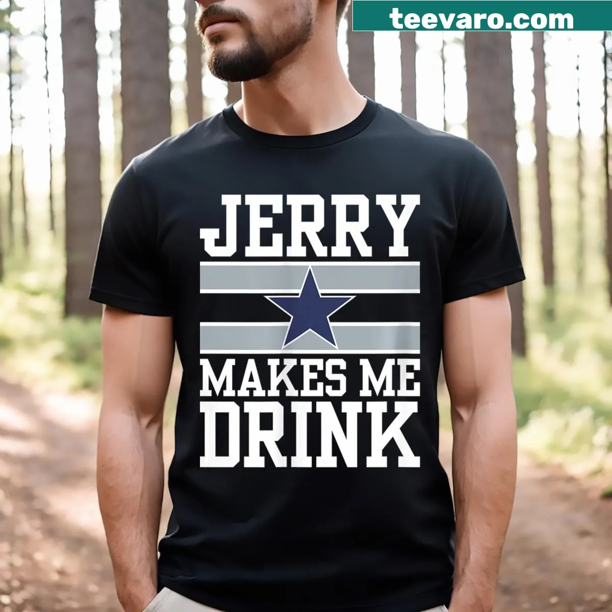 Text on back saying 'Jerry Makes Me Drink' on a women's V-neck shirt — on a men's t-shirt