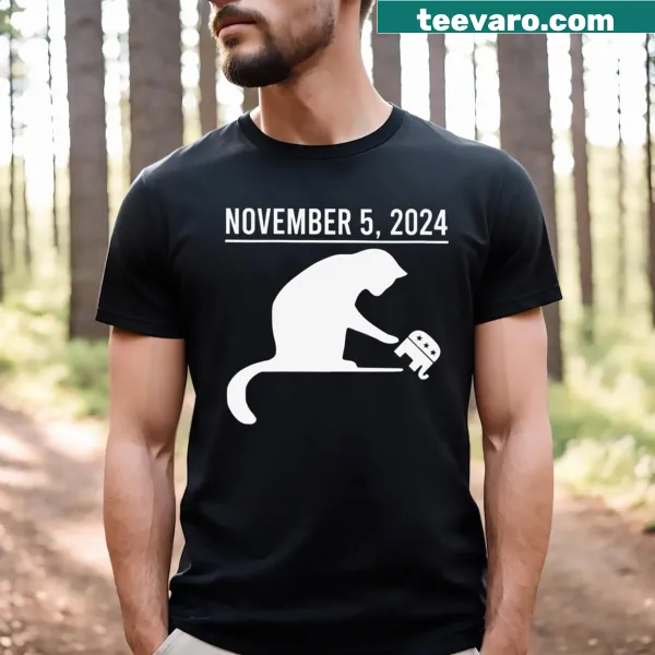 V-neck t-shirt with a big cat and small elephant graphic for political humor