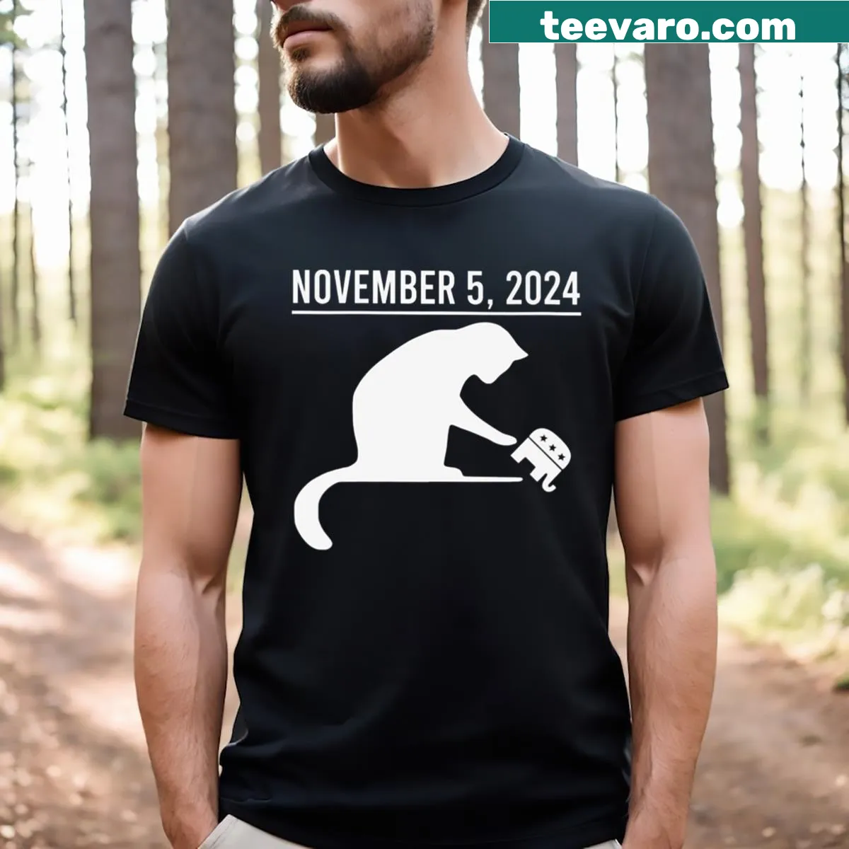V-neck t-shirt with a big cat and small elephant graphic for political humor — on a men's t-shirt