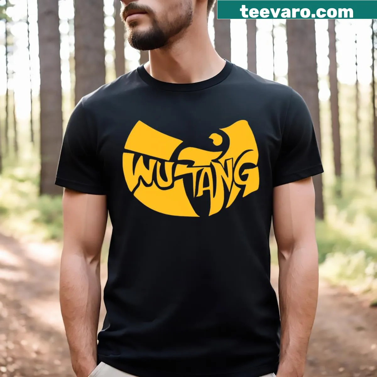Men's yellow t-shirt featuring the Wu-Tang logo. — on a men's t-shirt