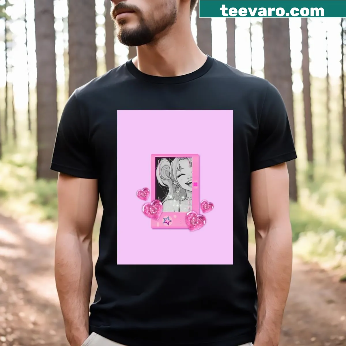 T-shirt featuring a pink camera graphic for Y2K-themed fashion. — on a men's t-shirt
