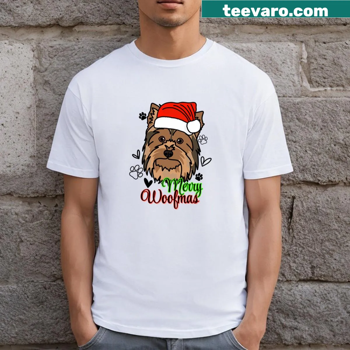 T-shirt featuring a Yorkshire Terrier in a Christmas hat for Woofmas. — on a men's t-shirt