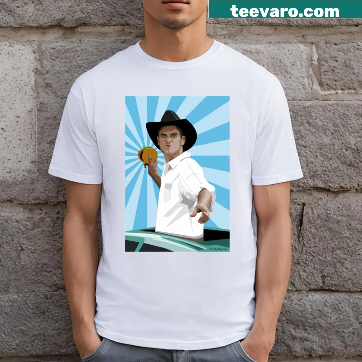 Illustrative t-shirt featuring an urban cowboy theme — on a men's t-shirt