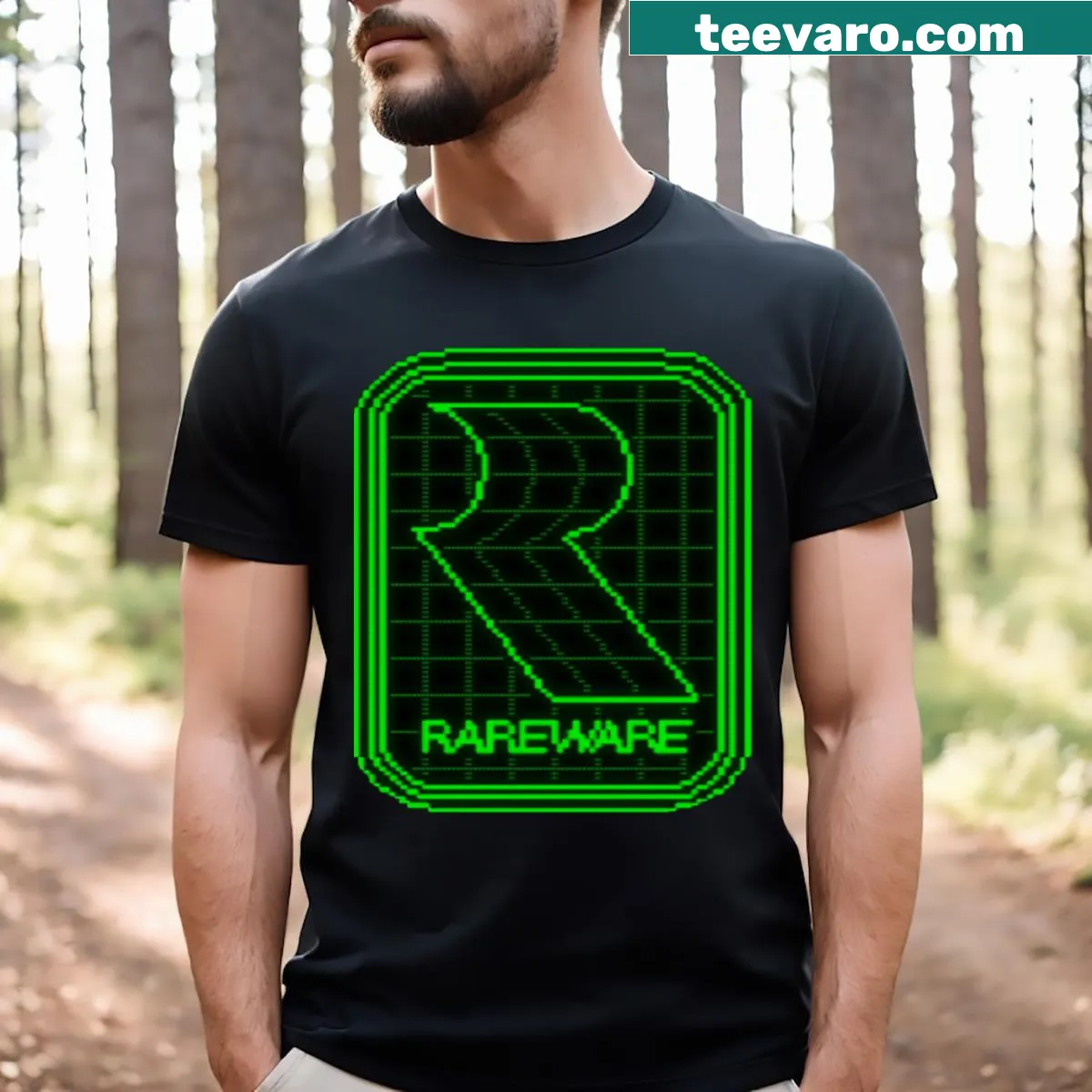 Minimalist t-shirt featuring the word 'Rareware' in a simple design — on a men's t-shirt