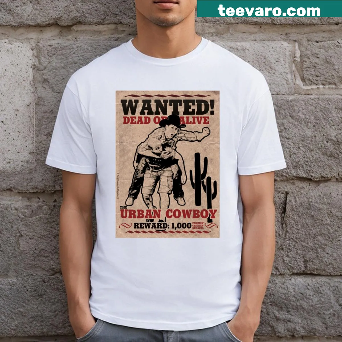 Illustrative t-shirt featuring a fun rodeo theme — on a men's t-shirt