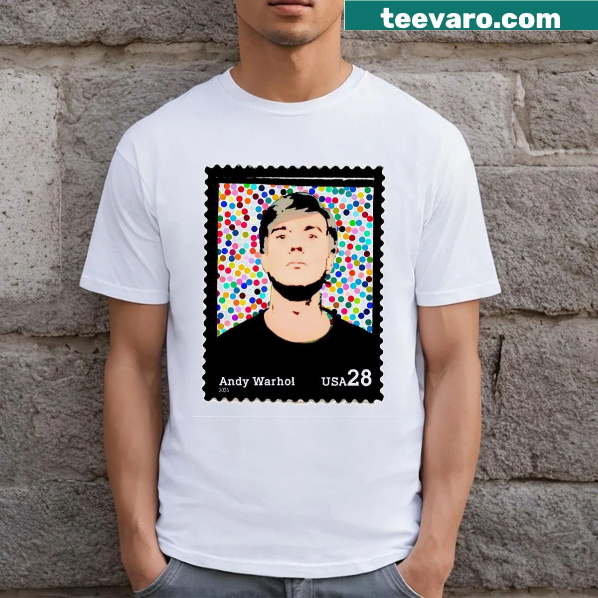 Long T-shirt featuring a design inspired by Andy Warhol and Robert Hirst art styles — on a men's t-shirt