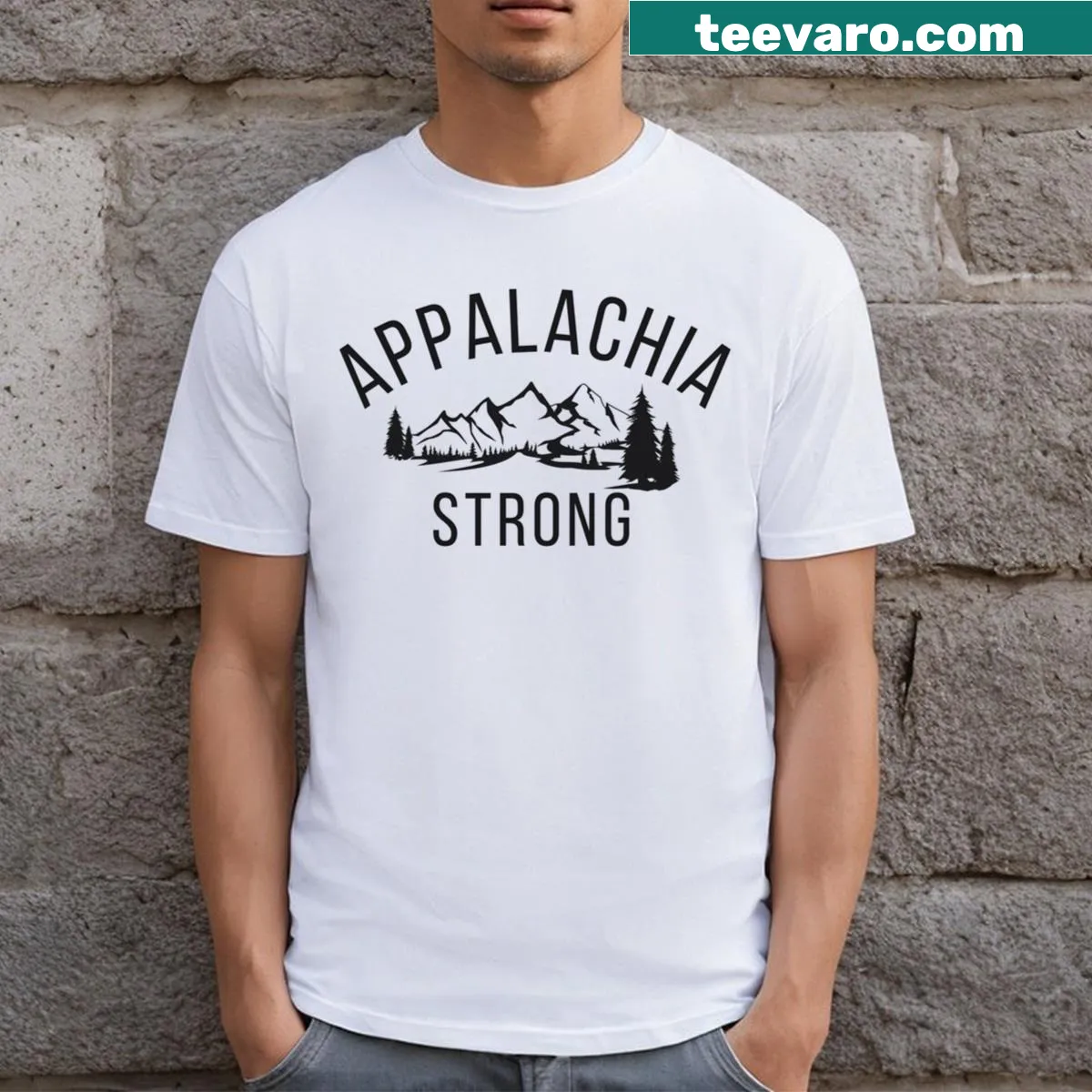 Appalachia Strong t-shirt with simple text design — on a men's t-shirt