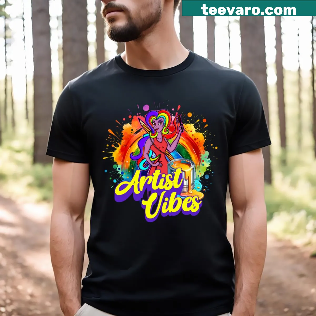 Minimalist typography T-shirt expressing 'Artist Vibes' — on a men's t-shirt