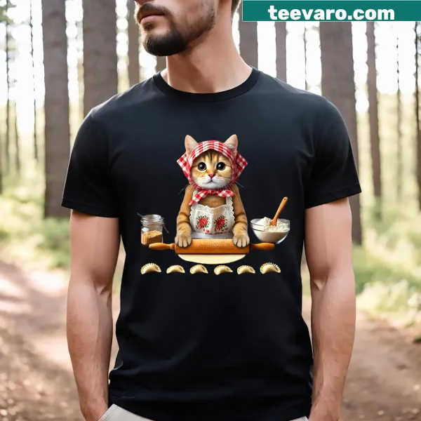 Whimsical illustration of a cat making pierogi on a T-shirt