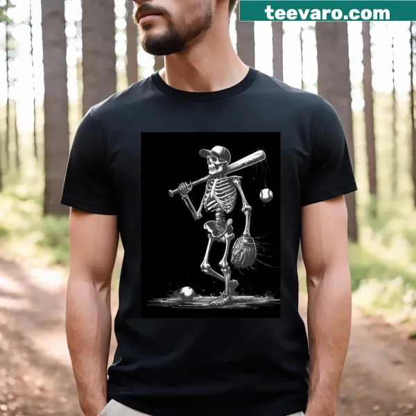 Skeleton playing baseball graphic T-shirt for Halloween