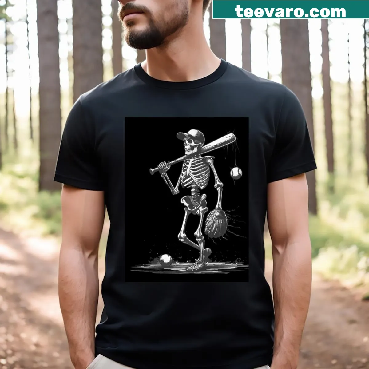 Skeleton playing baseball graphic T-shirt for Halloween — on a men's t-shirt
