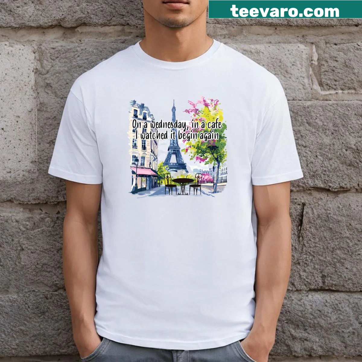 T-shirt featuring 'Begin Again' text with a Paris theme — on a men's t-shirt
