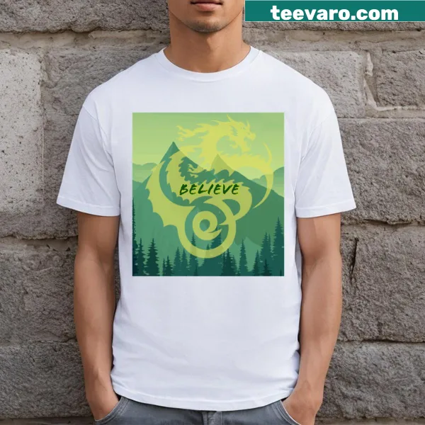 Dragon illustration soaring over a forest on a T-shirt