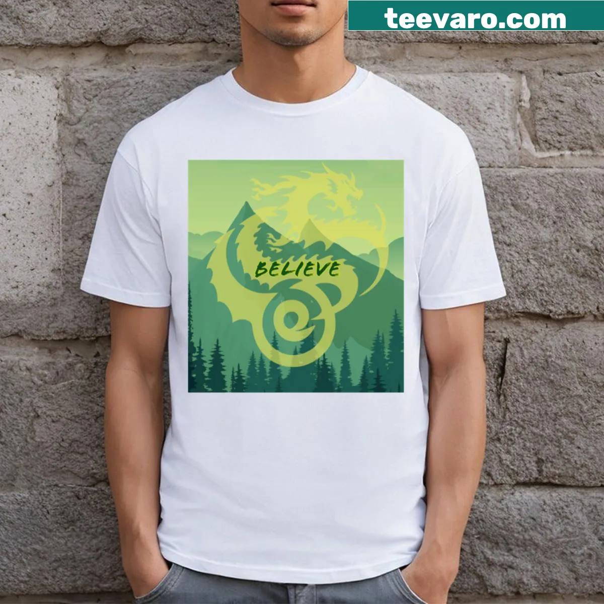 Dragon illustration soaring over a forest on a T-shirt — on a men's t-shirt