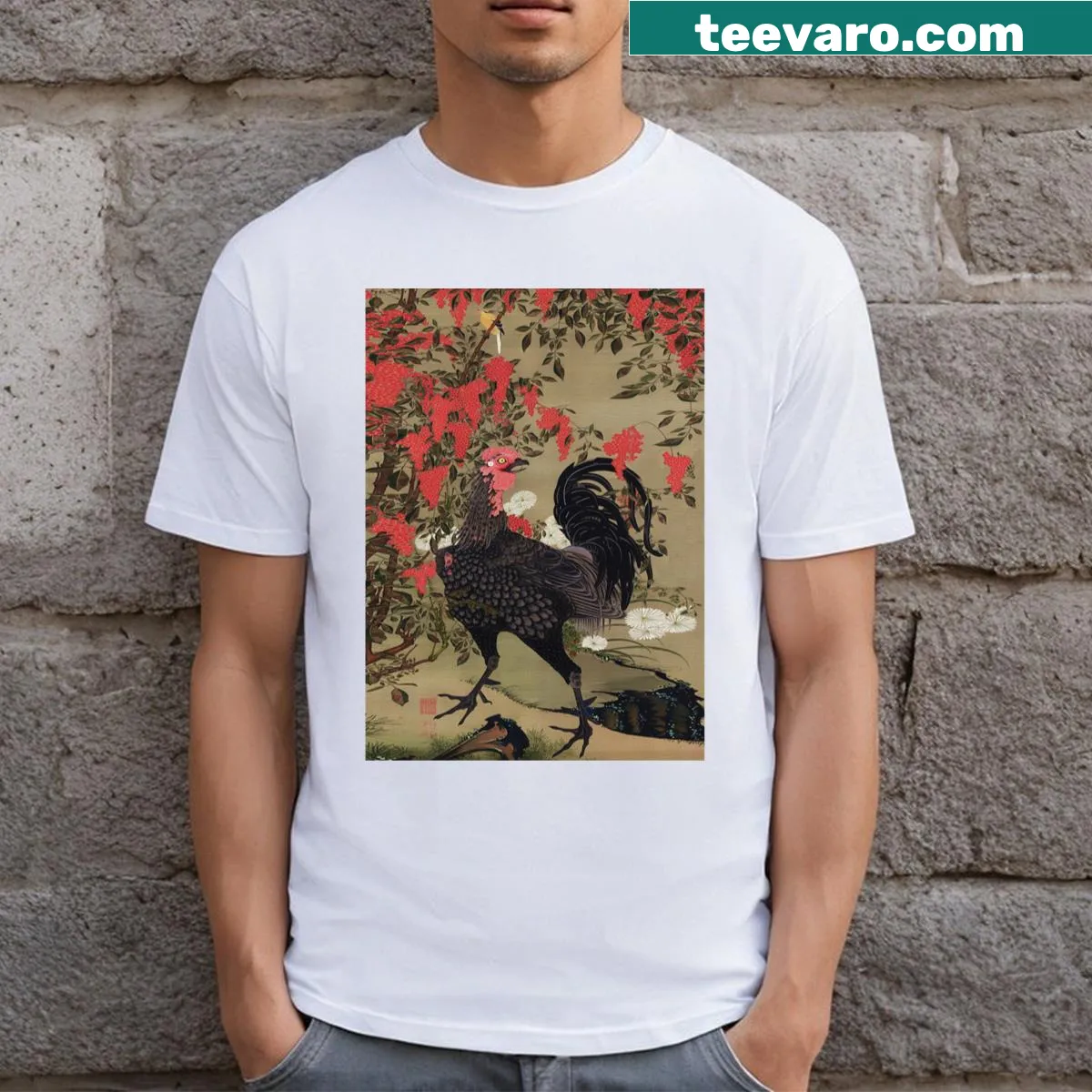 T-shirt featuring a print of a black rooster and nandin plant — on a men's t-shirt