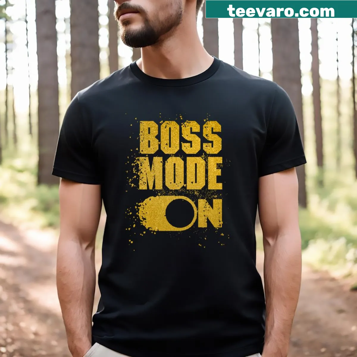 Motivational shirt with bold text saying Boss Mode On — on a men's t-shirt