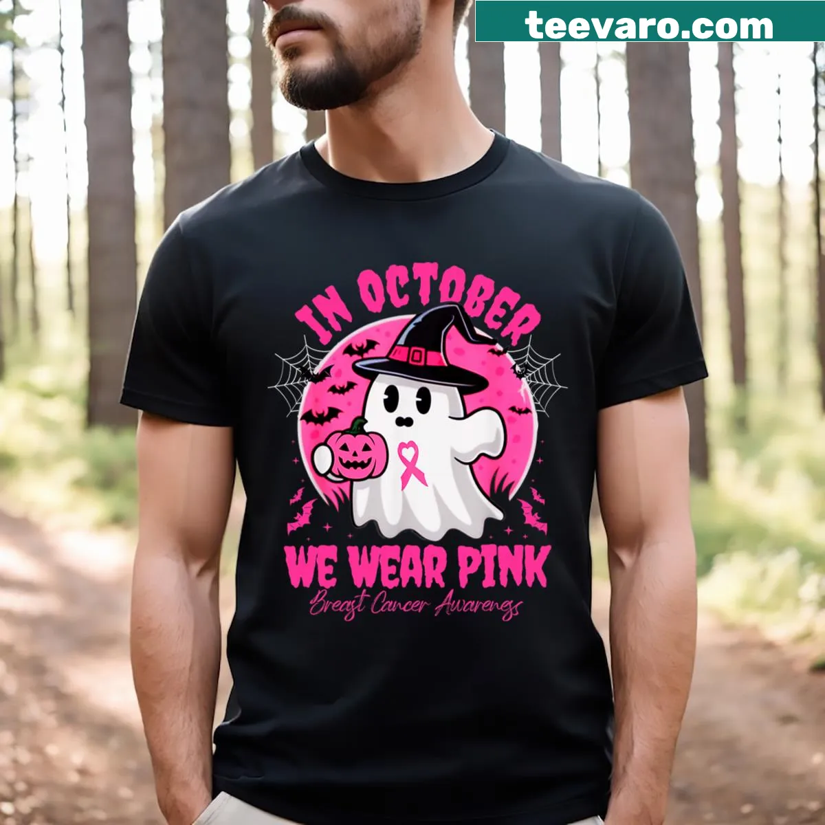 Kids T-shirt with 'In October We Wear Pink' for Breast Cancer Awareness — on a men's t-shirt