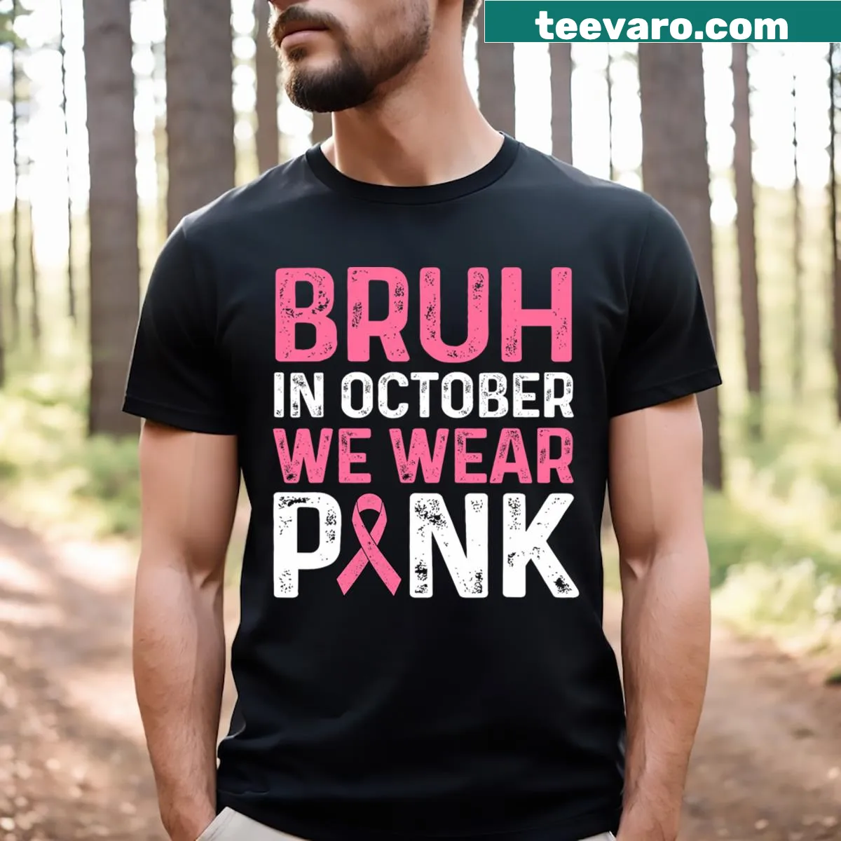 Boys T-shirt with 'Bruh In October Wear Pink' for Breast Cancer Awareness — on a men's t-shirt