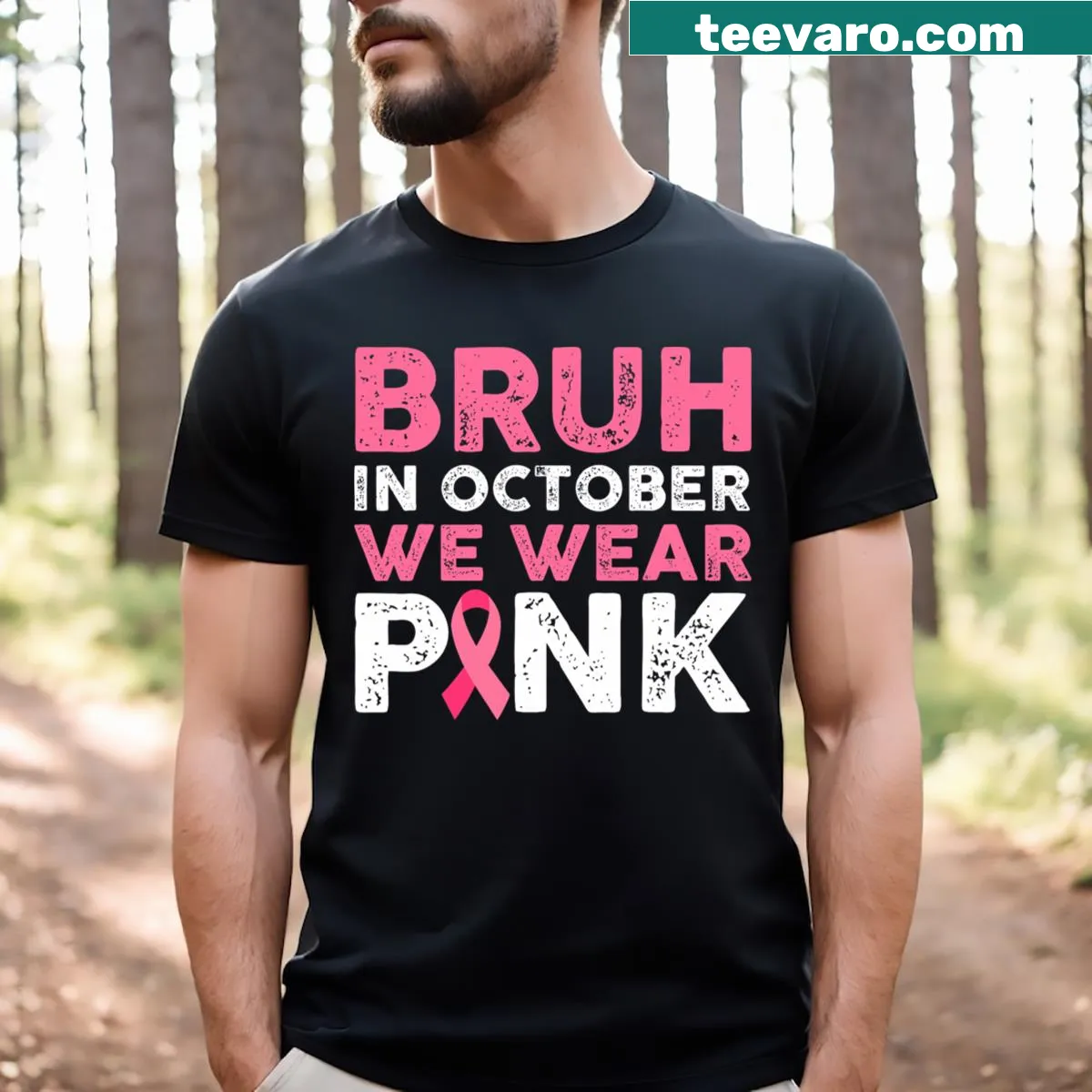 Boys T-shirt with humorous 'Bruh In October We Wear Pink' statement — on a men's t-shirt