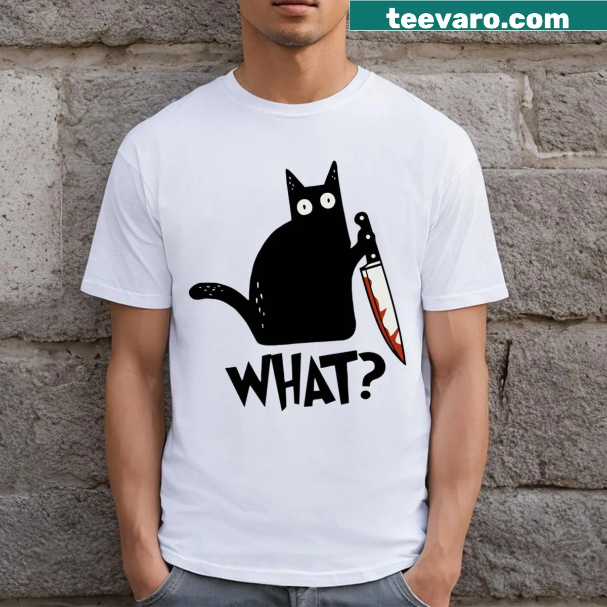 Edgy T-shirt with a black cat and knife illustration — on a men's t-shirt