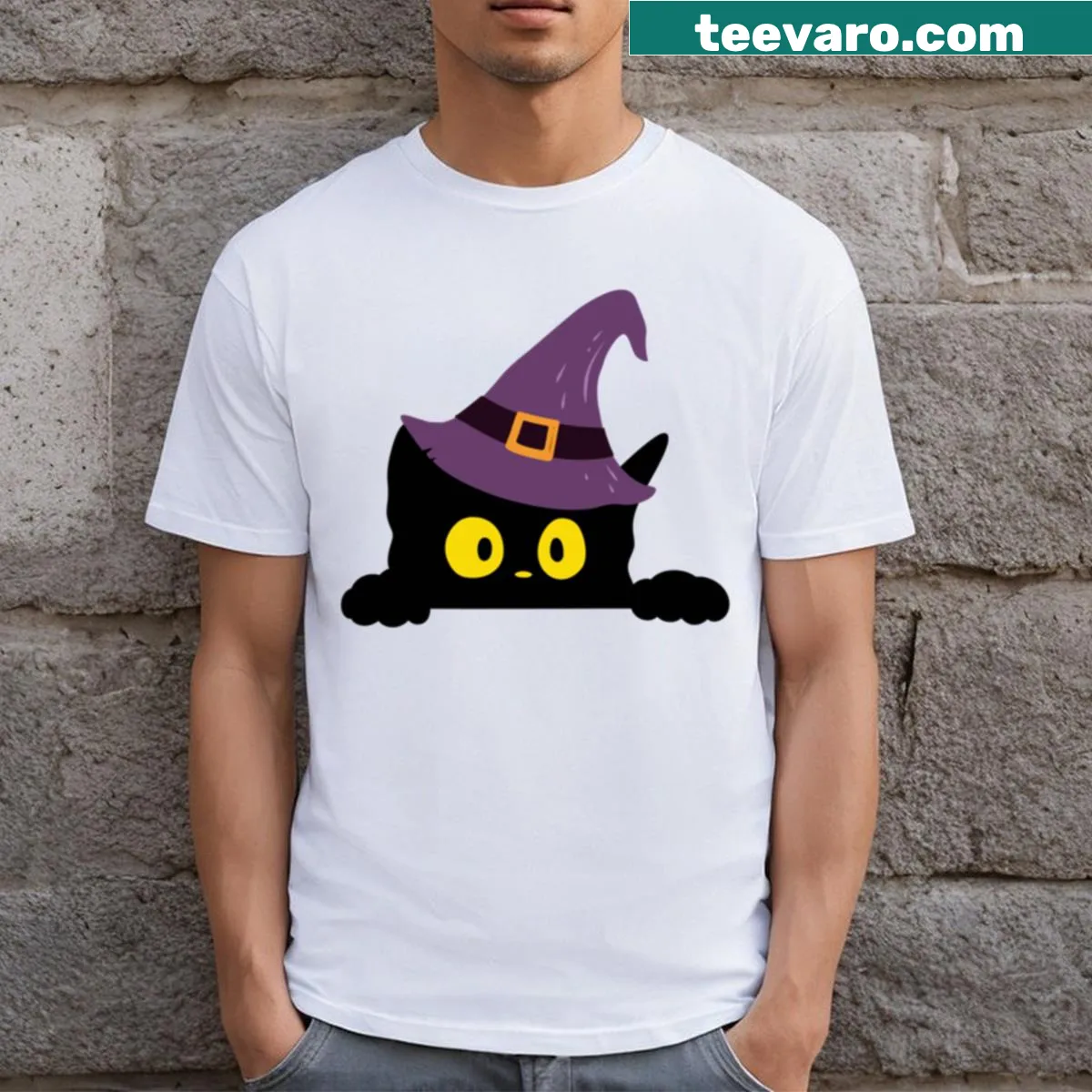 Charming T-shirt featuring a cat with a witch hat design — on a men's t-shirt