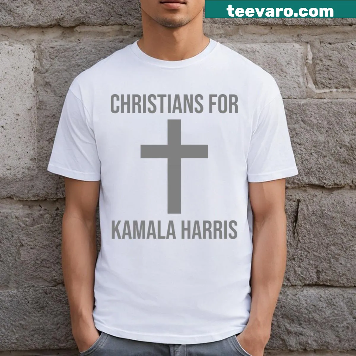 Bold typography T-shirt supporting Kamala Harris — on a men's t-shirt