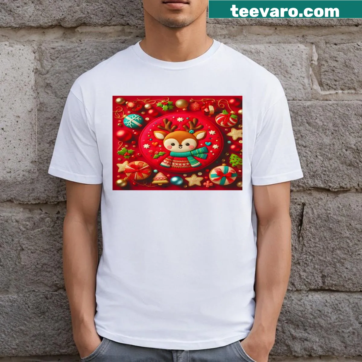 Festive Christmas t-shirt featuring a cheerful reindeer design — on a men's t-shirt