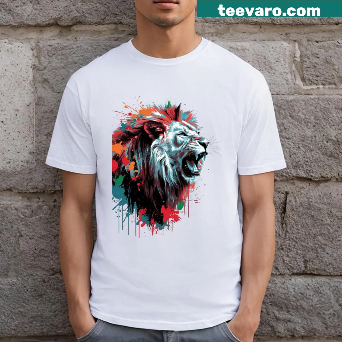Lion-themed t-shirt with a colorful illustration — on a men's t-shirt