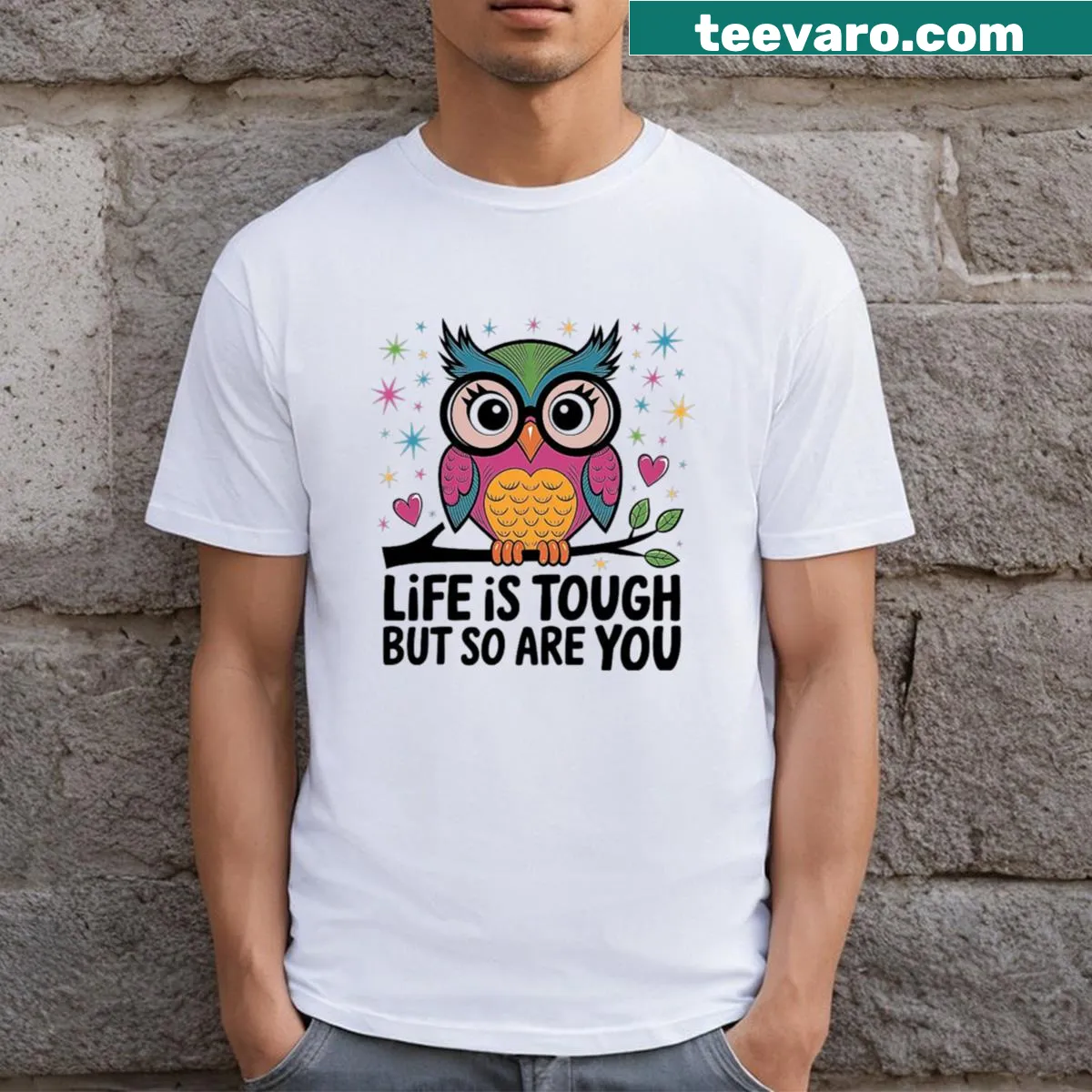 Inspirational T-shirt featuring a colorful owl design with motivational text — on a men's t-shirt