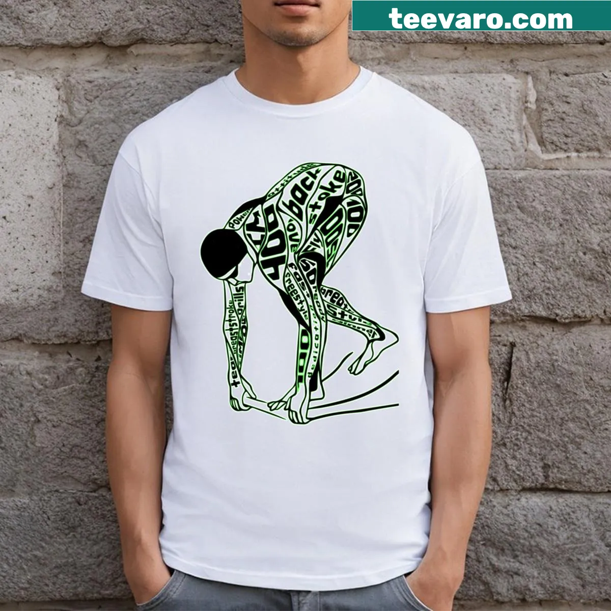 Minimalist swimming t-shirt with typography art — on a men's t-shirt