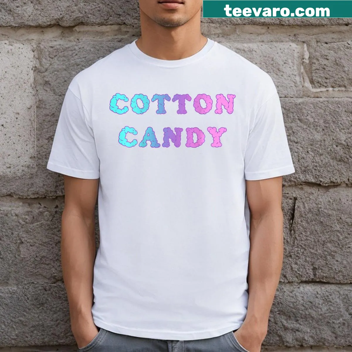Illustrated cotton candy themed T-shirt with playful graphics — on a men's t-shirt