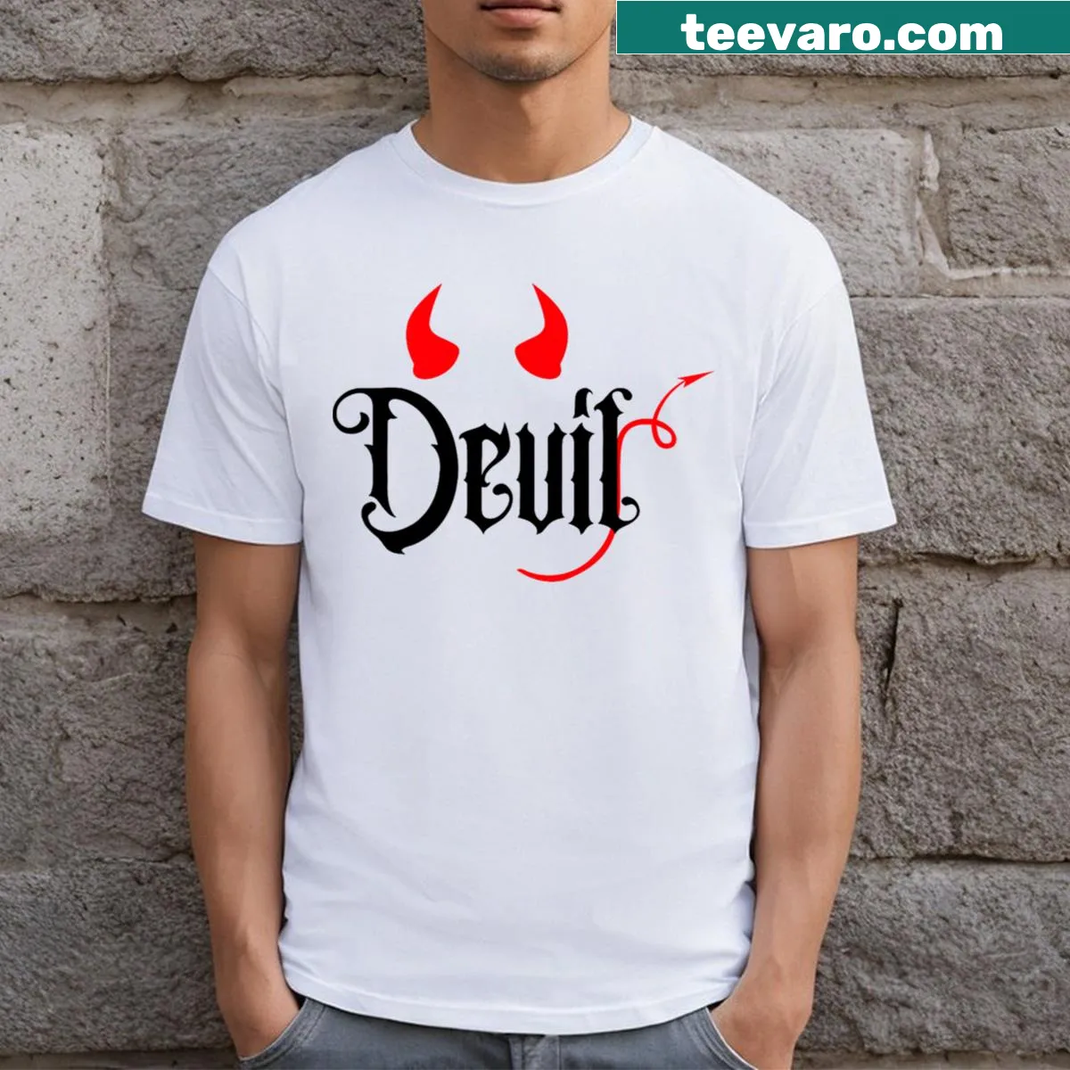 Funny cartoon devil T-shirt for couples celebrating Halloween — on a men's t-shirt