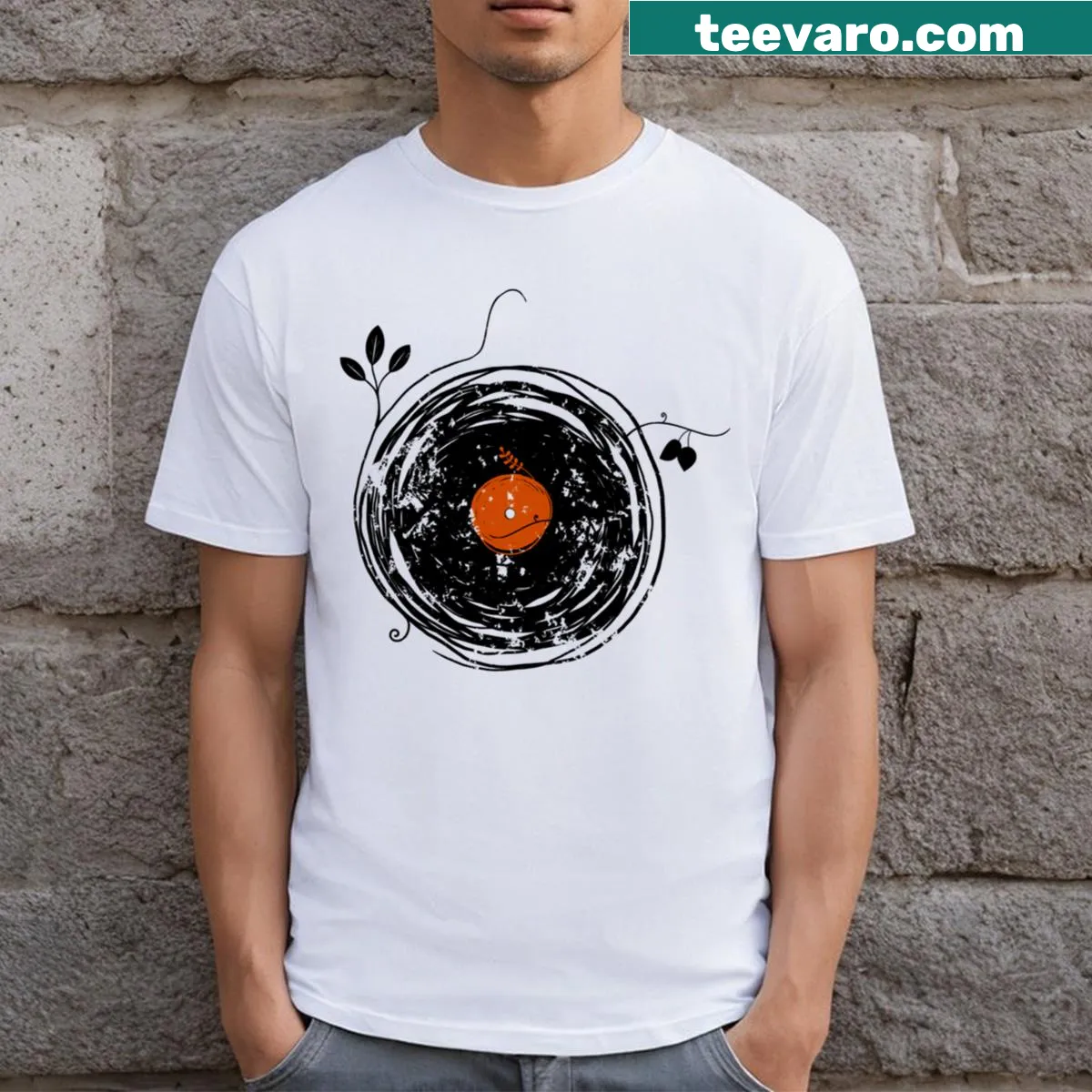 Vintage T-shirt featuring a graphic of a vinyl record. — on a men's t-shirt