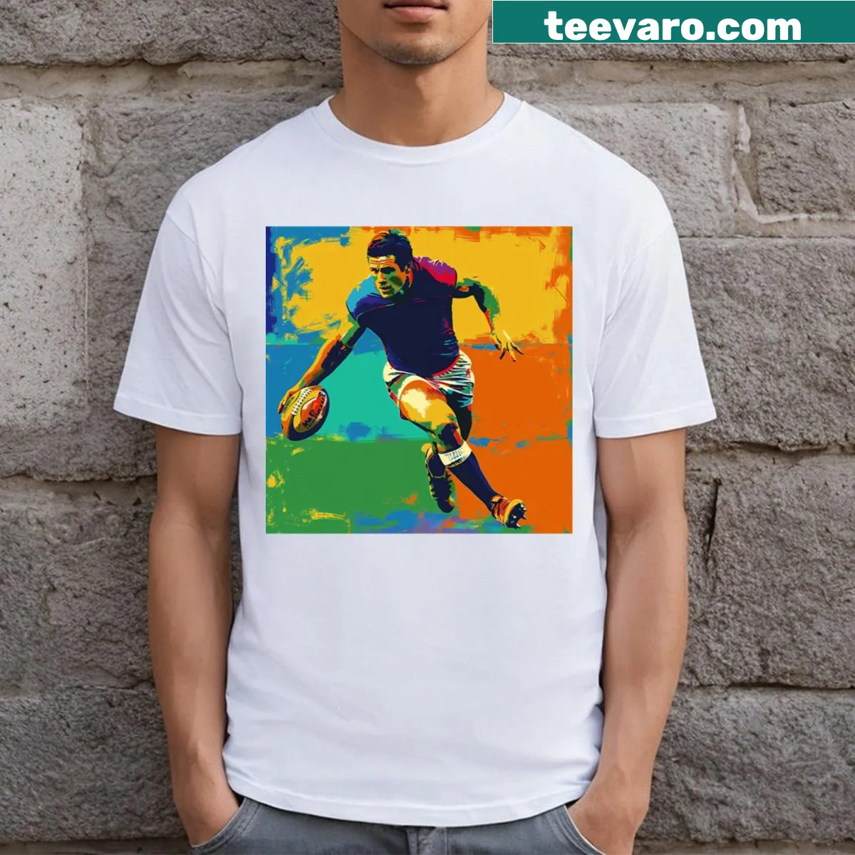 Pop art style T-shirt featuring a footballer in action — on a men's t-shirt