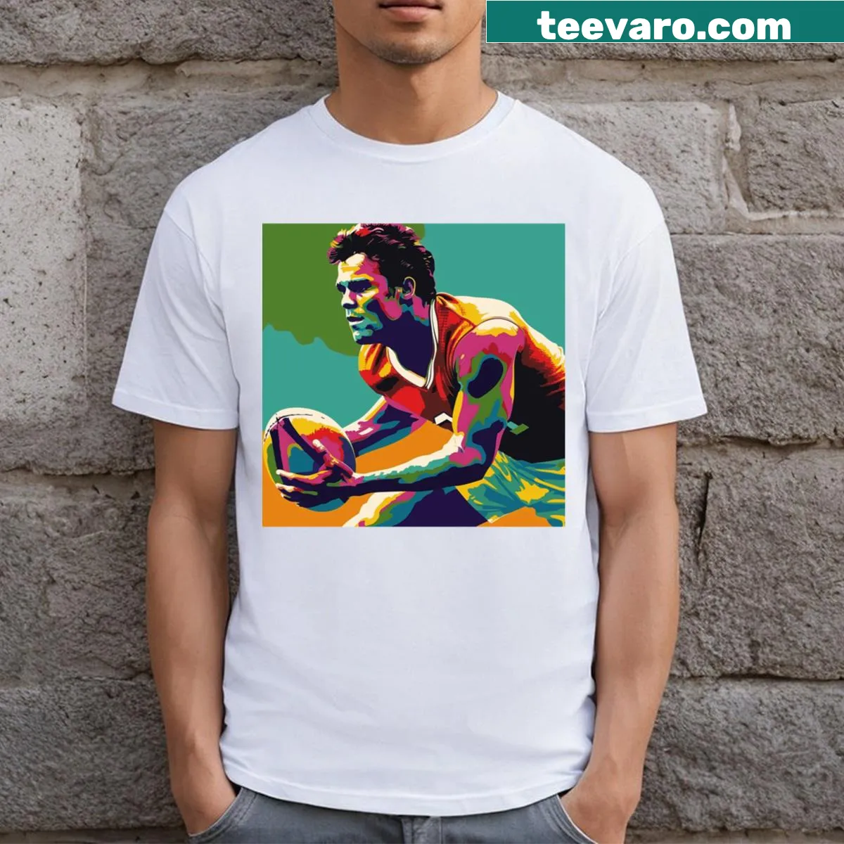 Pop art T-shirt depicting a footballer with dynamic graphics — on a men's t-shirt