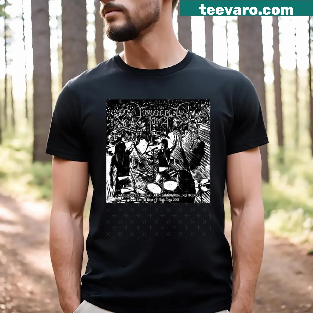 Shirt featuring artwork from Forgotten Tomb's 'Darkness In Stereo' album — on a men's t-shirt