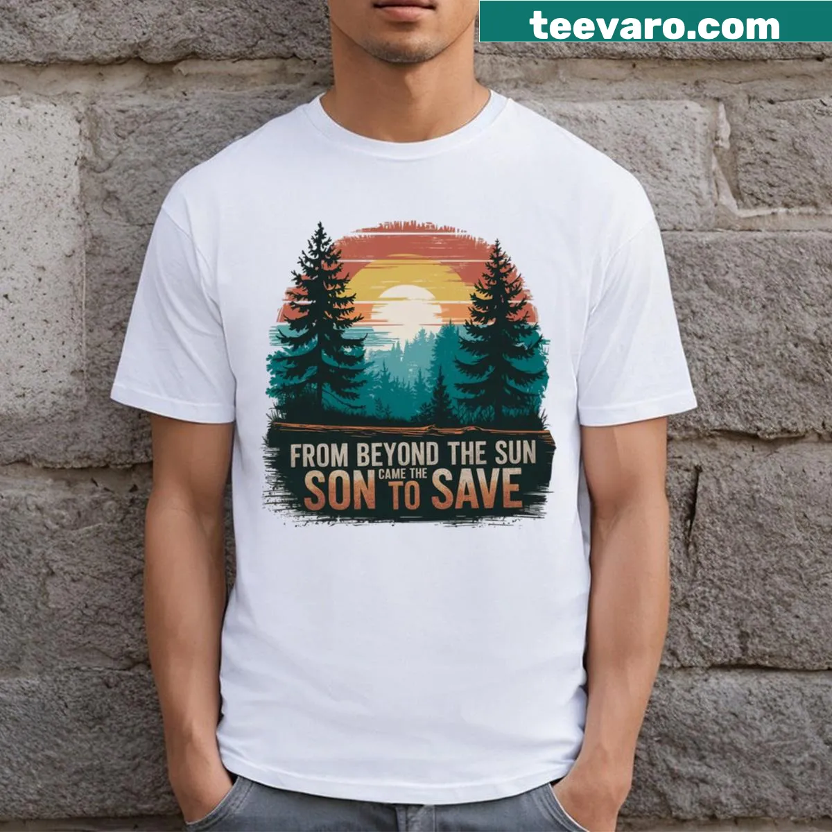 Inspirational T-shirt with sun image and nature-themed text design. — on a men's t-shirt