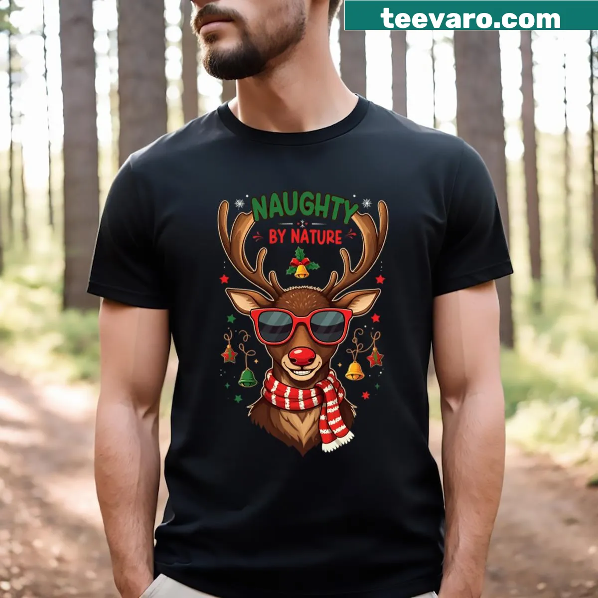 Humorous Christmas t-shirt featuring a reindeer and naughty text — on a men's t-shirt