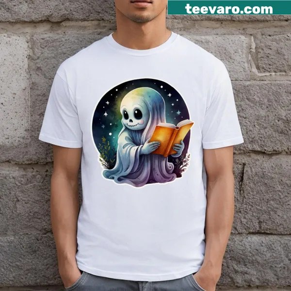 Whimsical t-shirt with a ghost reading a book